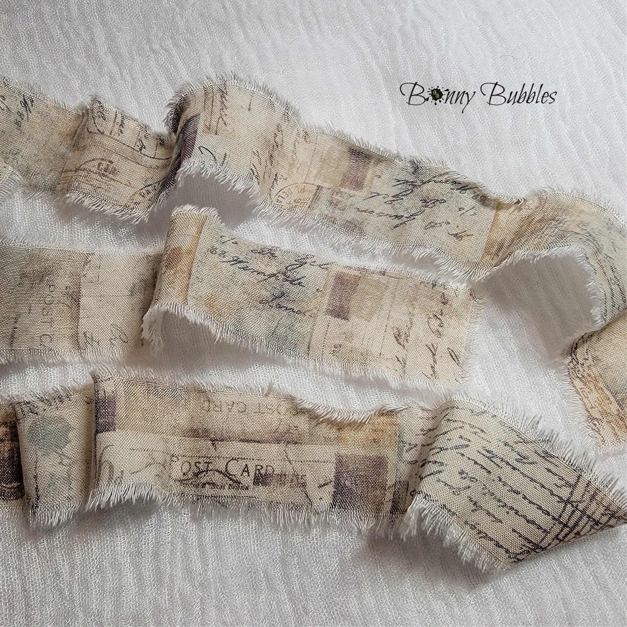 Shabby Hand Frayed Cotton Fabric Ribbon - Script Words, Cursive Text, Vintage Grunge Aesthetic