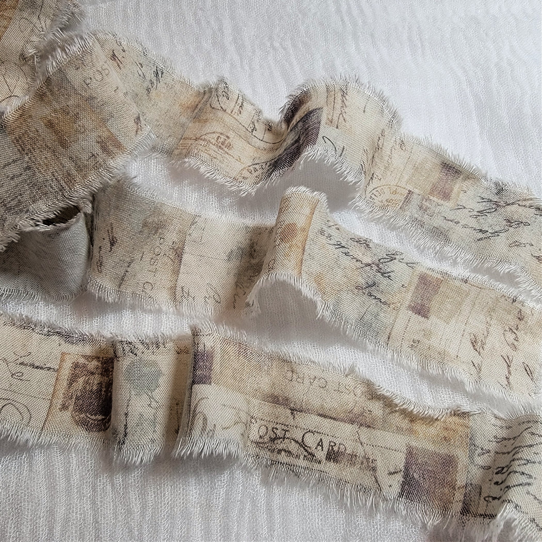 Shabby Hand Frayed Cotton Fabric Ribbon - Script Words, Cursive Text, Vintage Grunge Aesthetic
