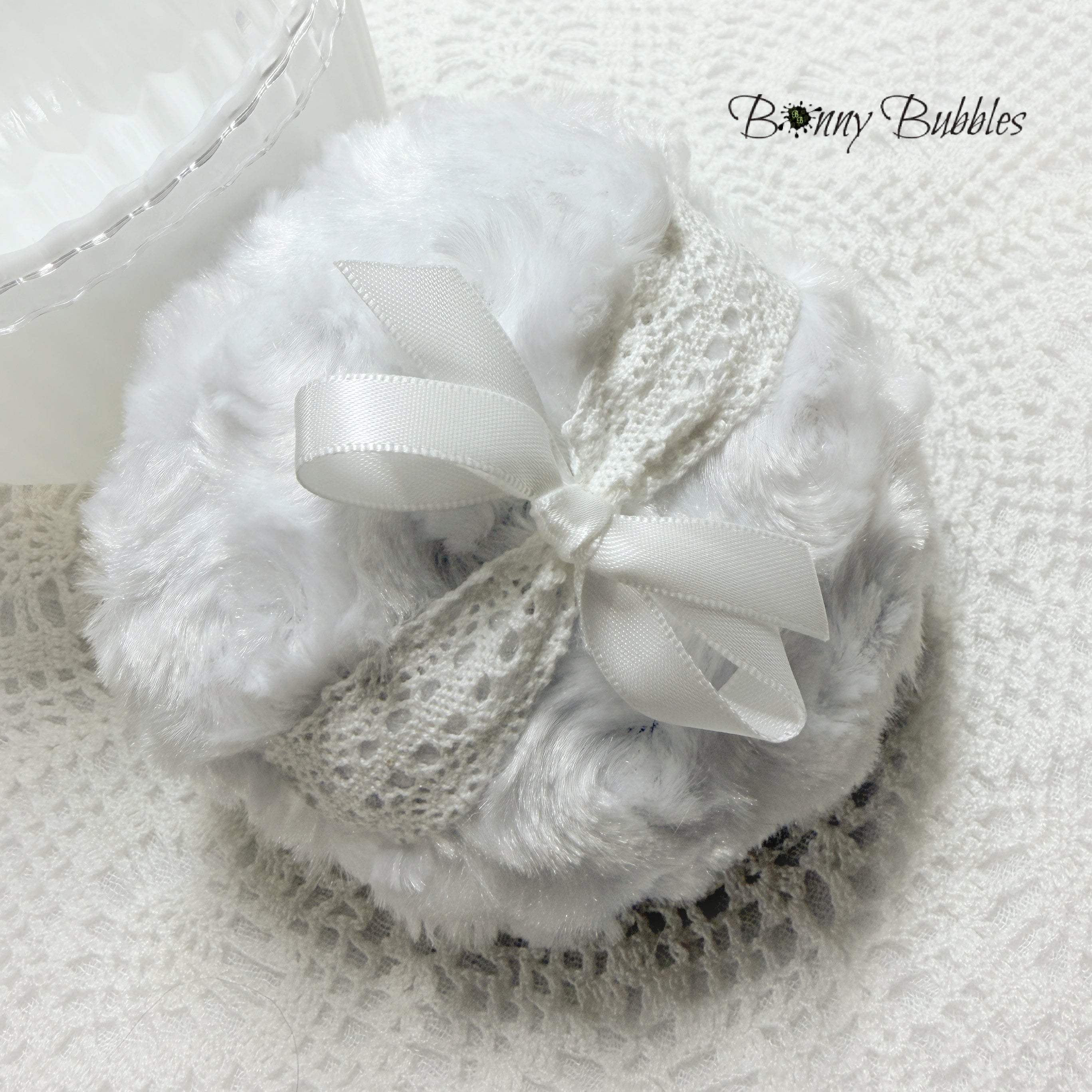 WHITE Powder Puff with Lace, 4 inch