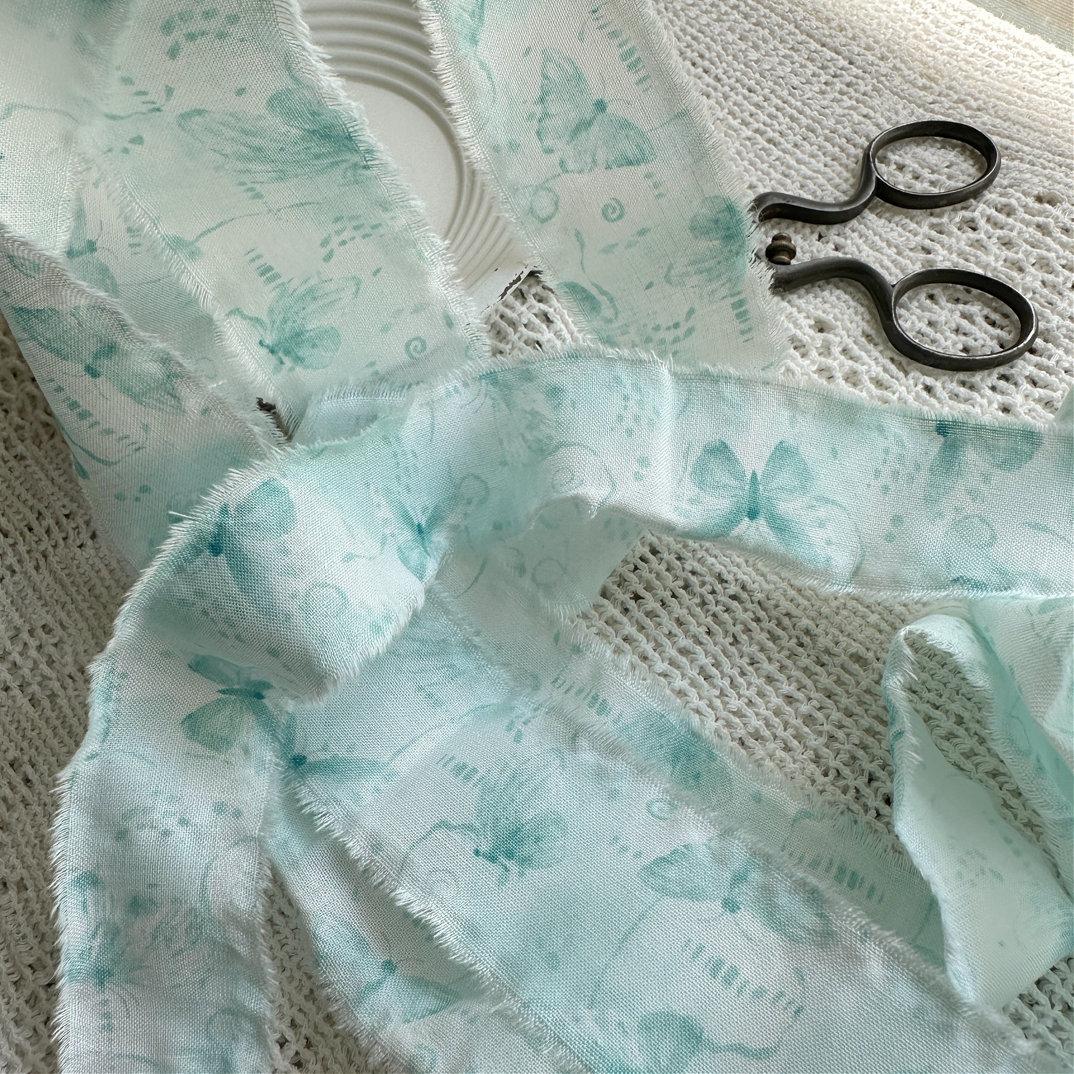 Shabby Frayed Fabric Ribbon, Aqua Butterflies - Butterfly Papillon, 42 inches