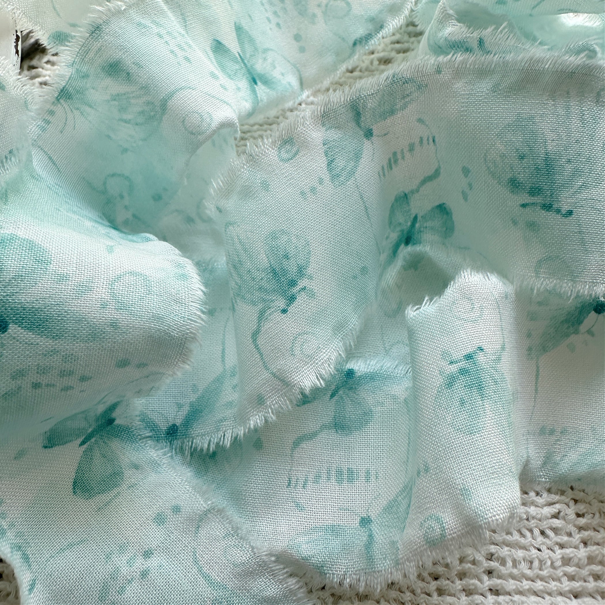 Shabby Frayed Fabric Ribbon, Aqua Butterflies - Butterfly Papillon, 42 inches