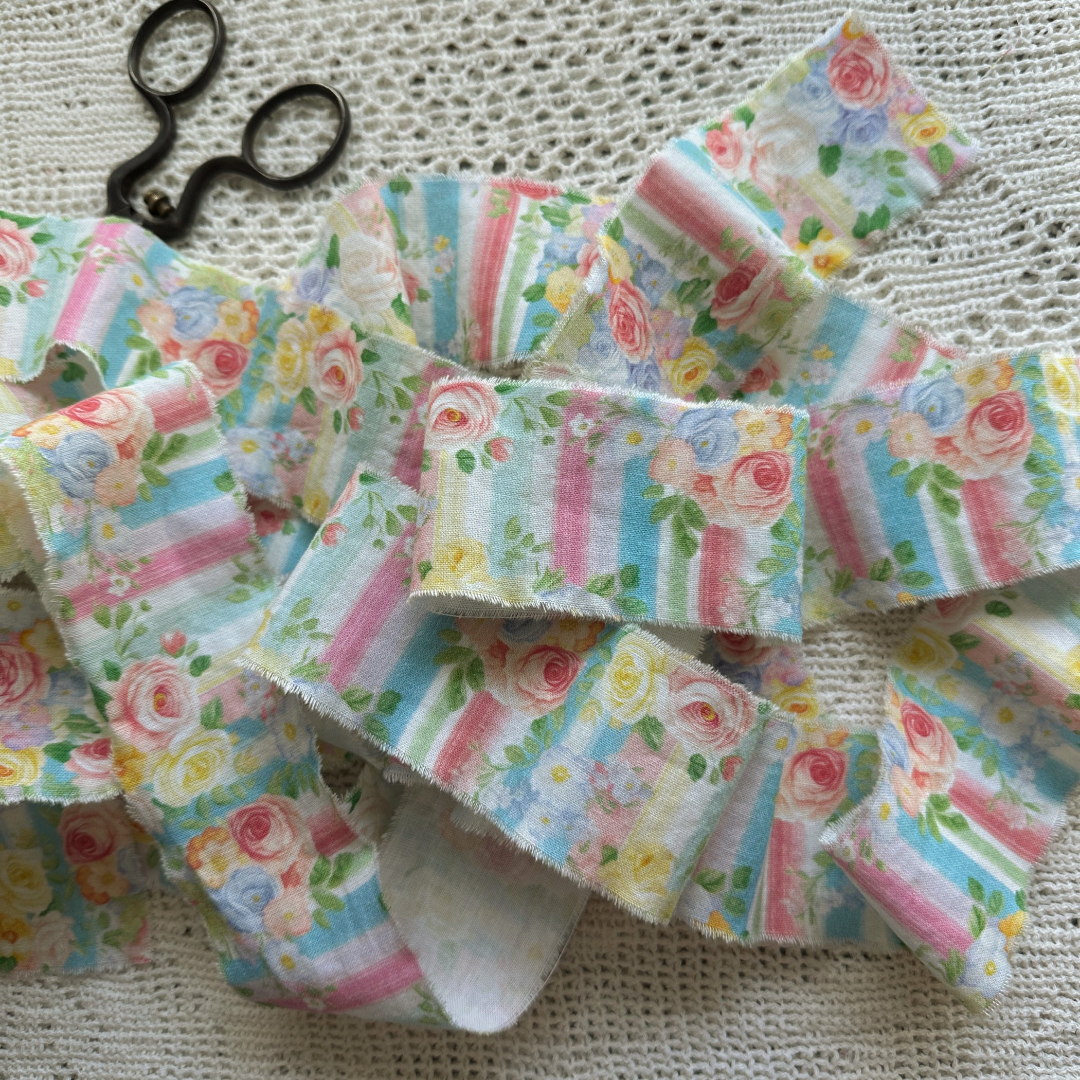 Shabby Frayed Fabric Ribbon - Colorful Candy Roses, 42 inches