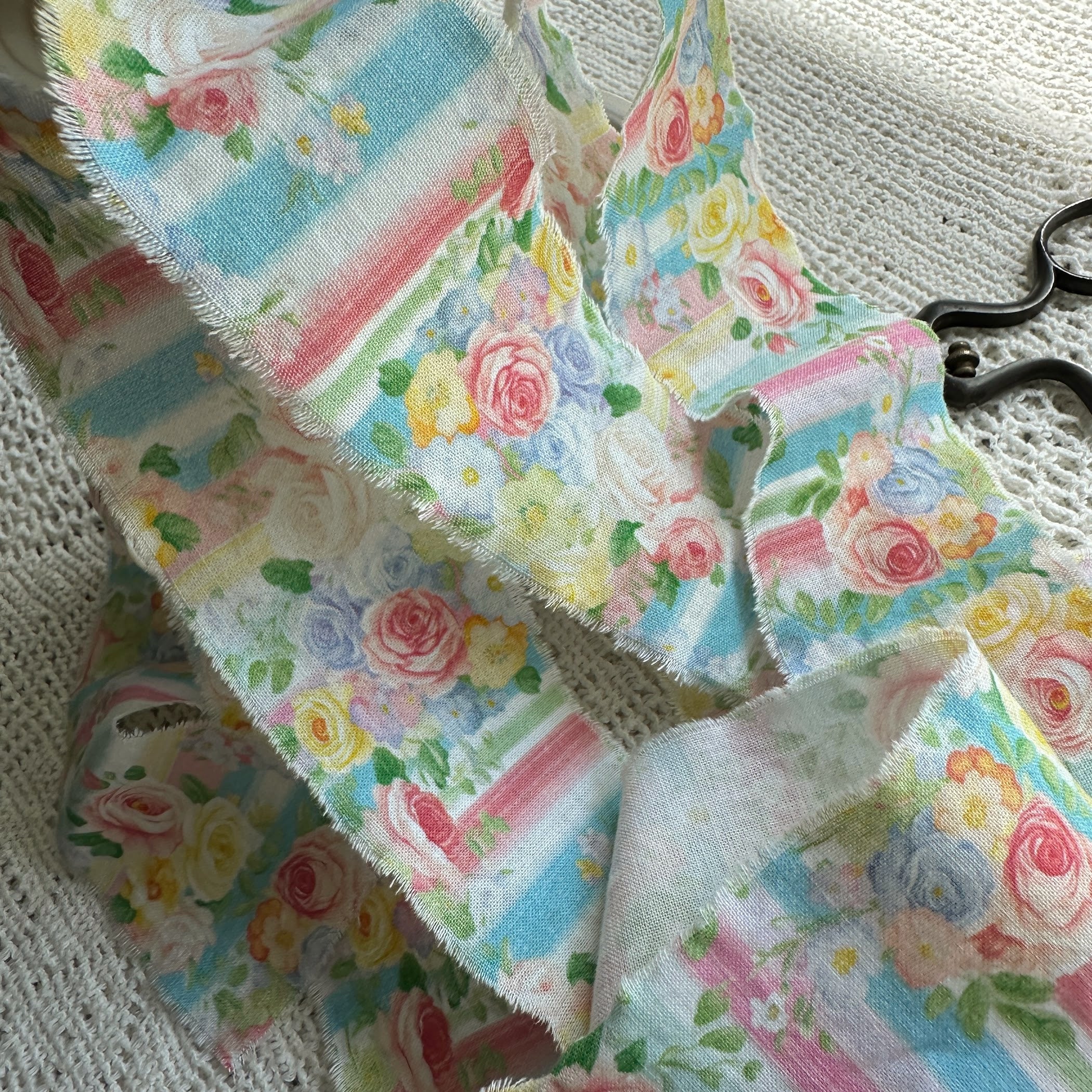 Shabby Frayed Fabric Ribbon - Colorful Candy Roses, 42 inches