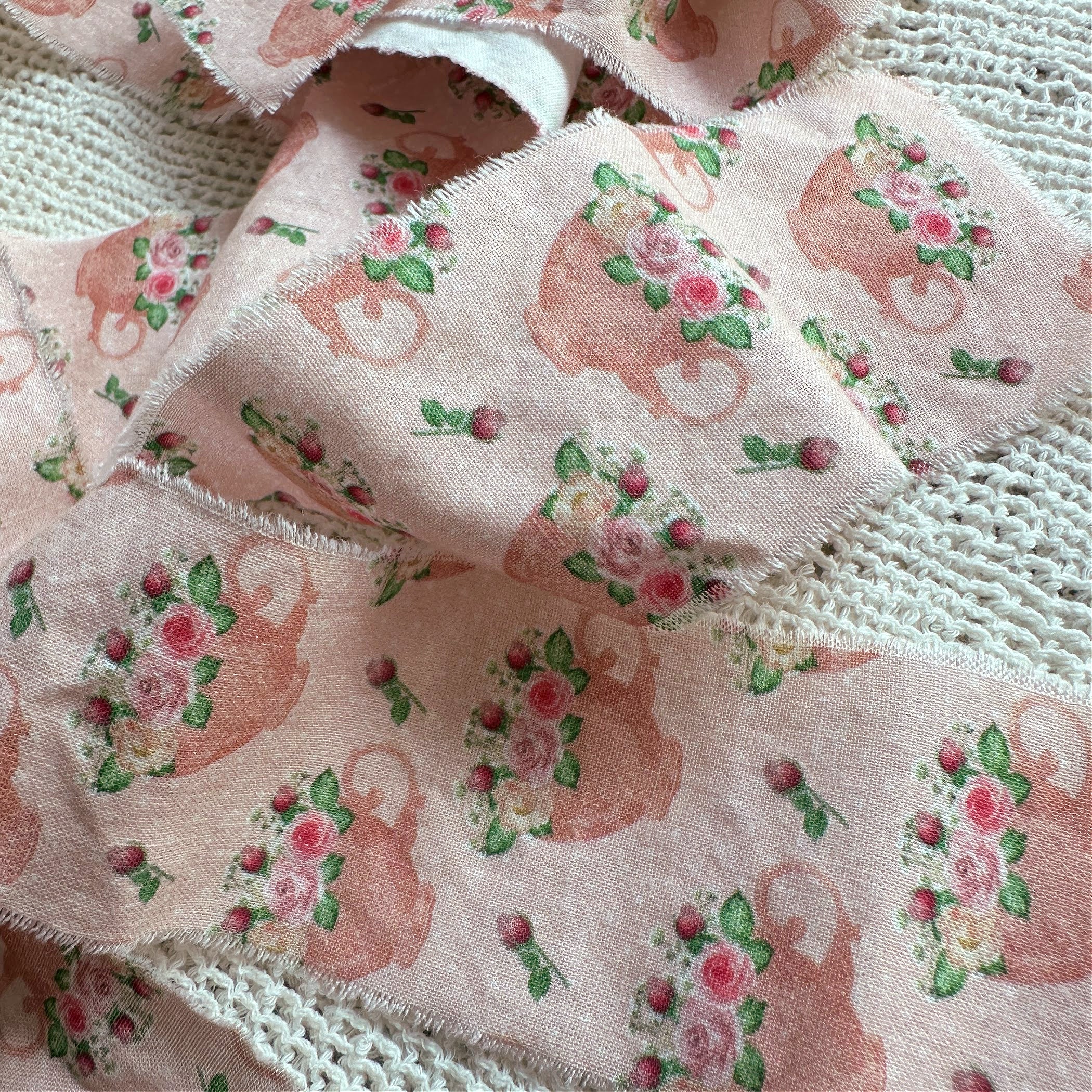 Shabby Frayed Fabric Ribbon, Pink Tea Cup Roses - English Tea Room, 1 yard