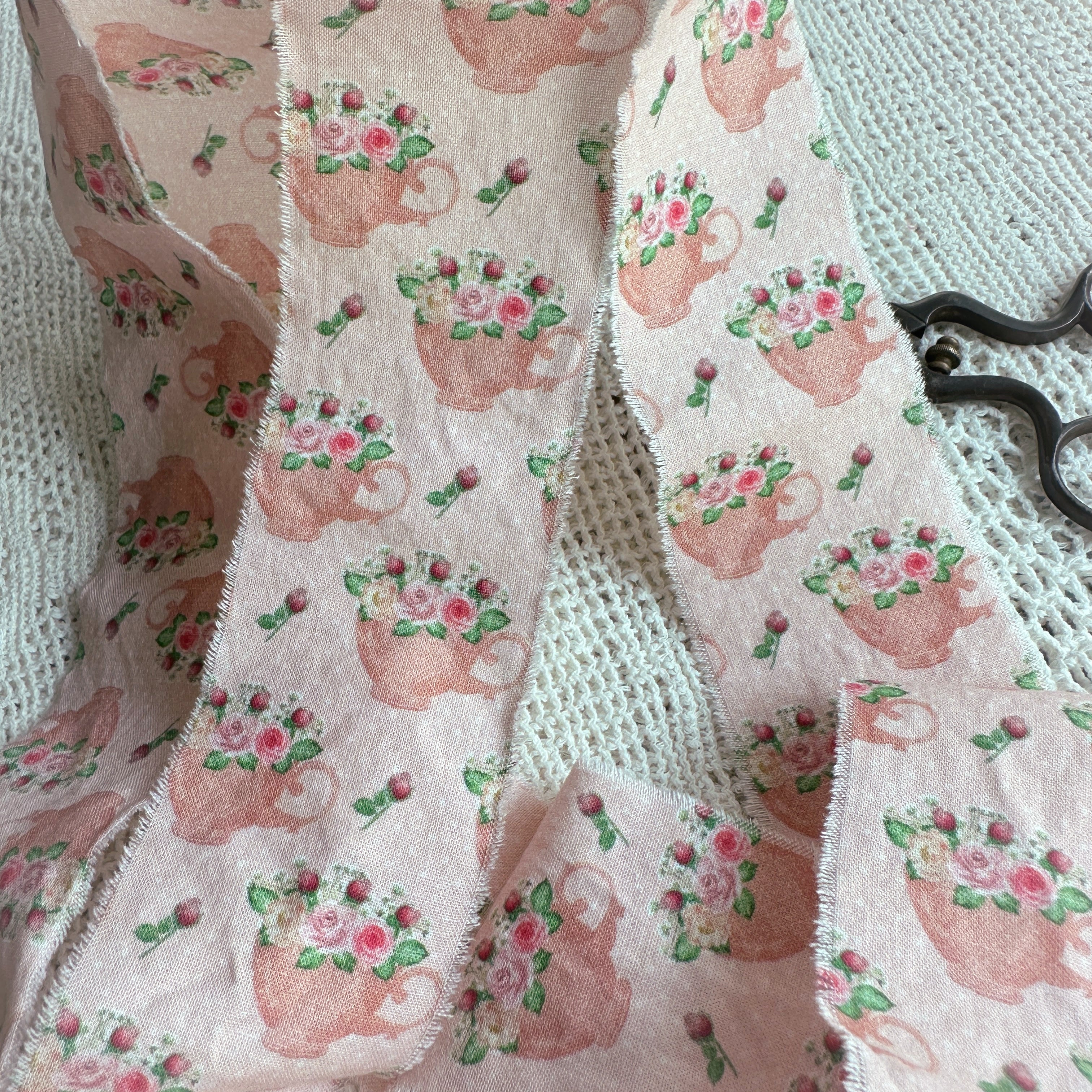 Shabby Frayed Fabric Ribbon, Pink Tea Cup Roses - English Tea Room, 1 yard