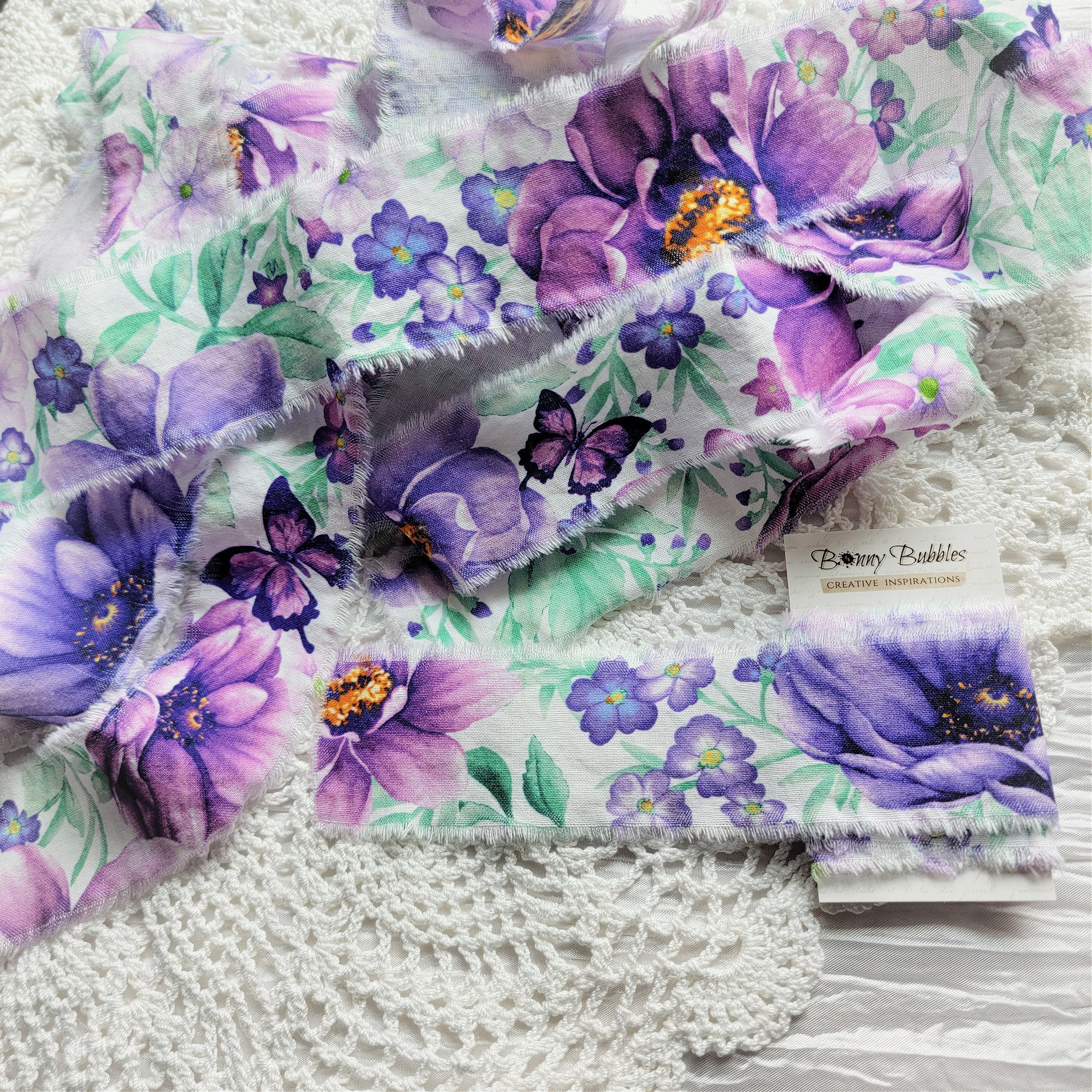 Shabby Frayed Fabric Ribbon - Purple Flowers, 43 inches