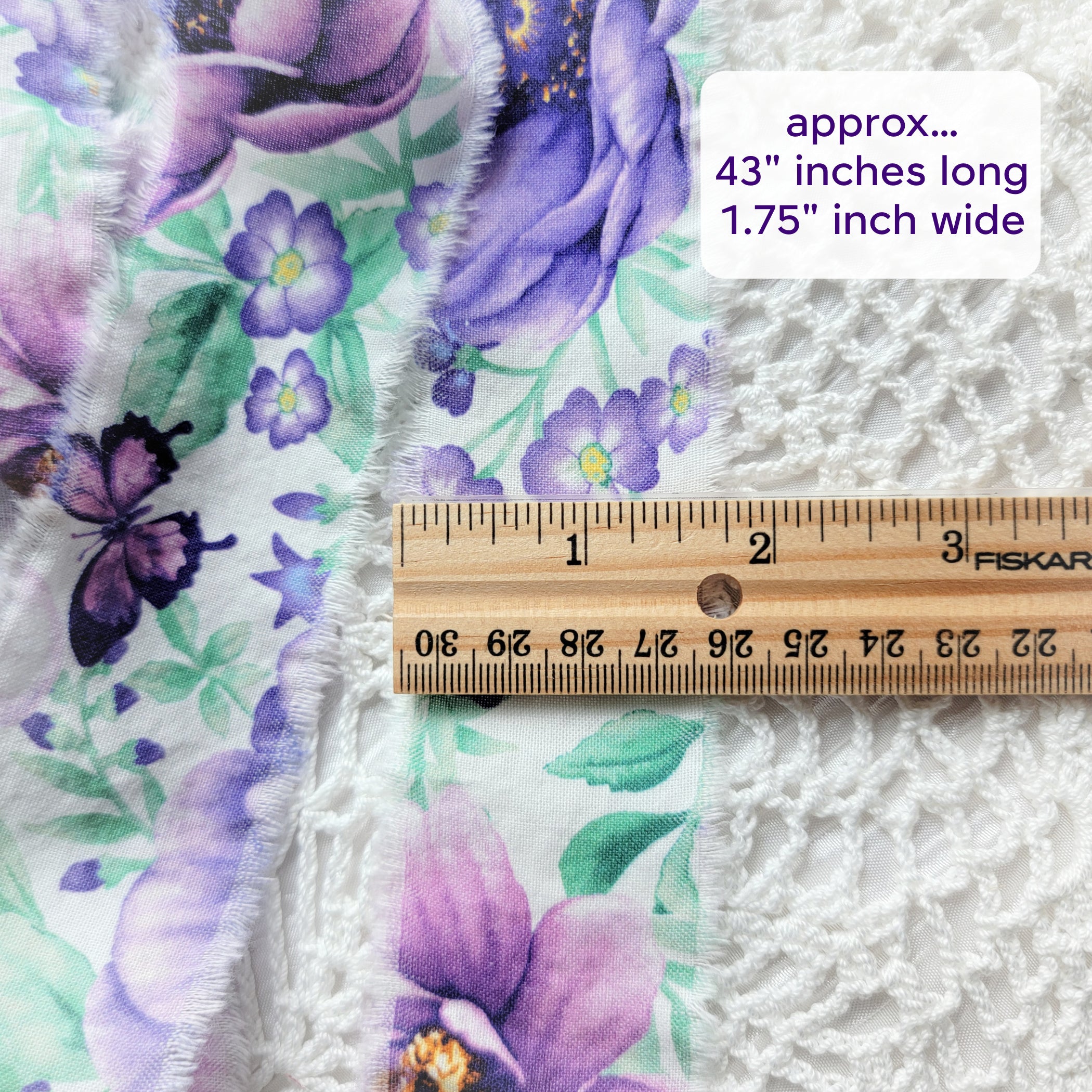 Shabby Frayed Fabric Ribbon - Purple Flowers, 43 inches