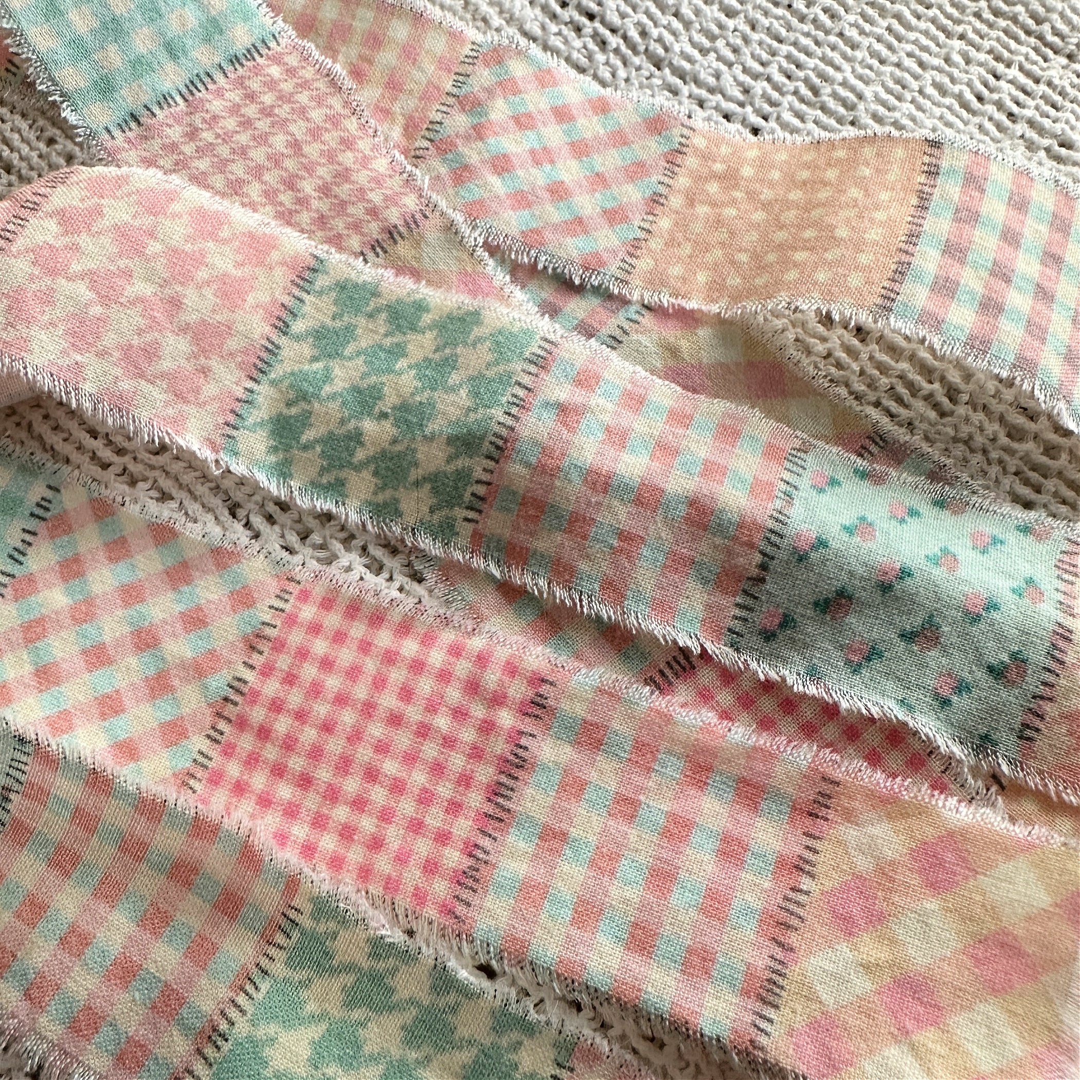 Shabby Frayed Fabric Ribbon - Pastel Country Patchwork, 41 inches