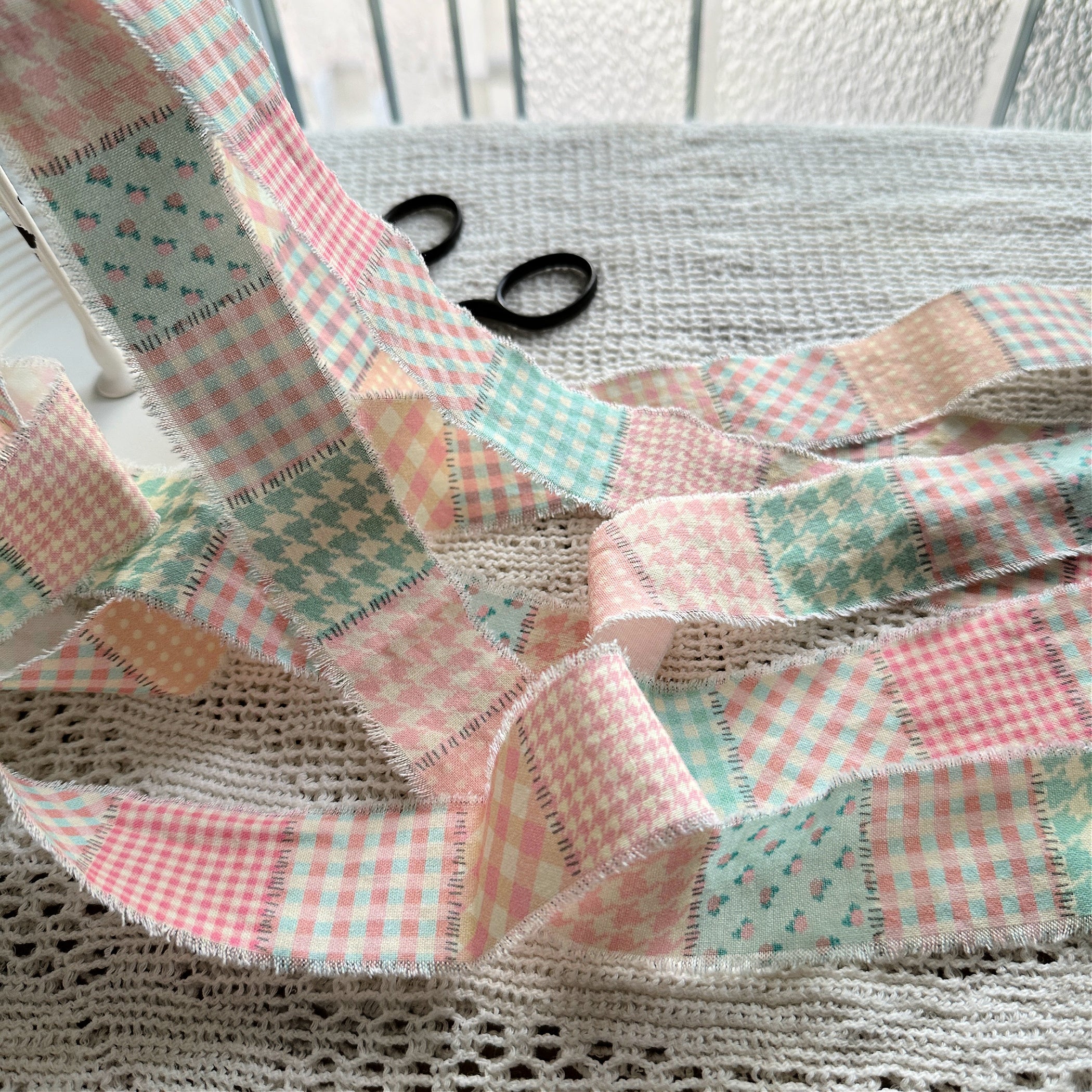 Shabby Frayed Fabric Ribbon - Pastel Country Patchwork, 41 inches