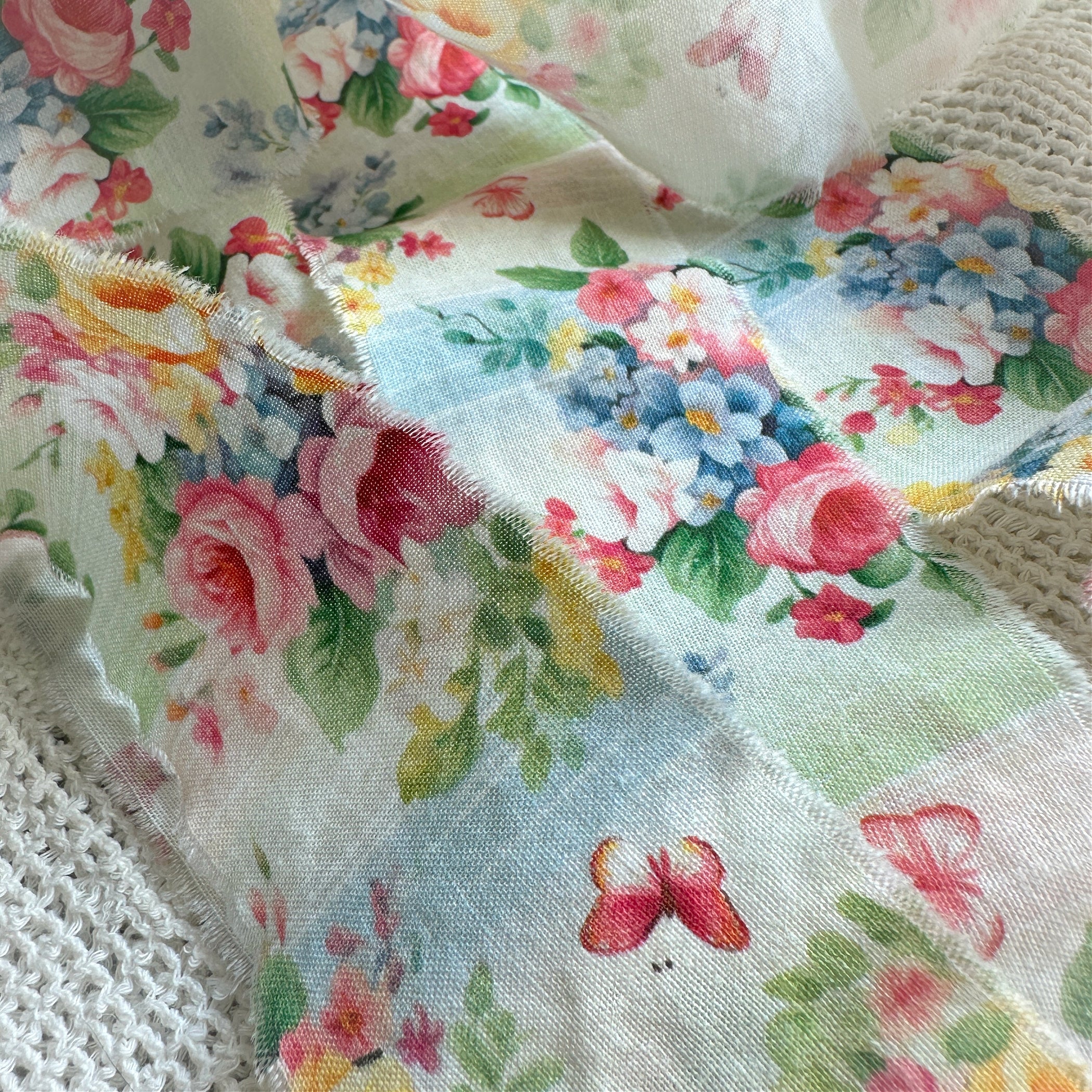 Shabby Frayed Fabric Ribbon, Colorful Roses - Butterflies and Flowers, 42 inches