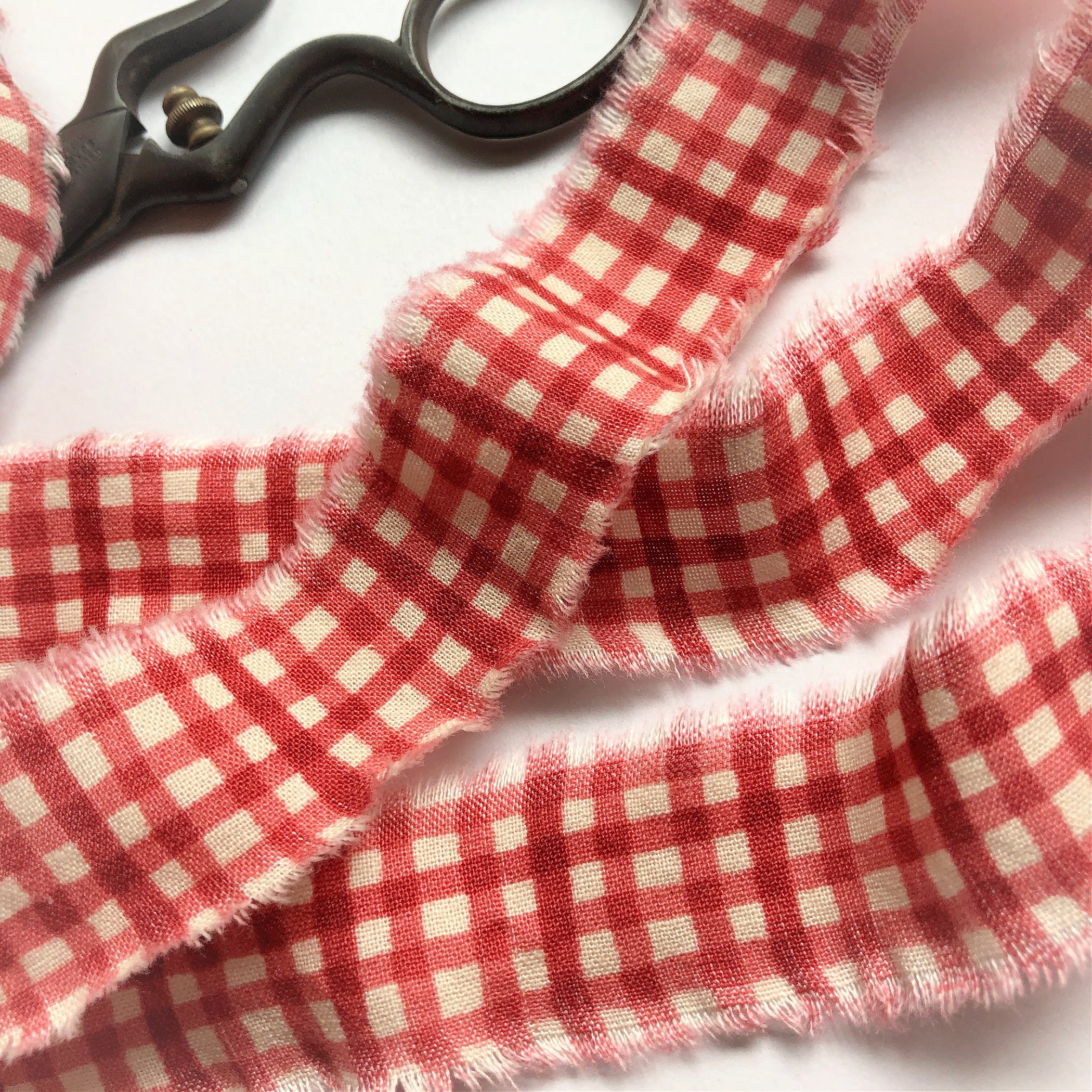 Shabby Frayed Fabric Ribbon, Red Gingham