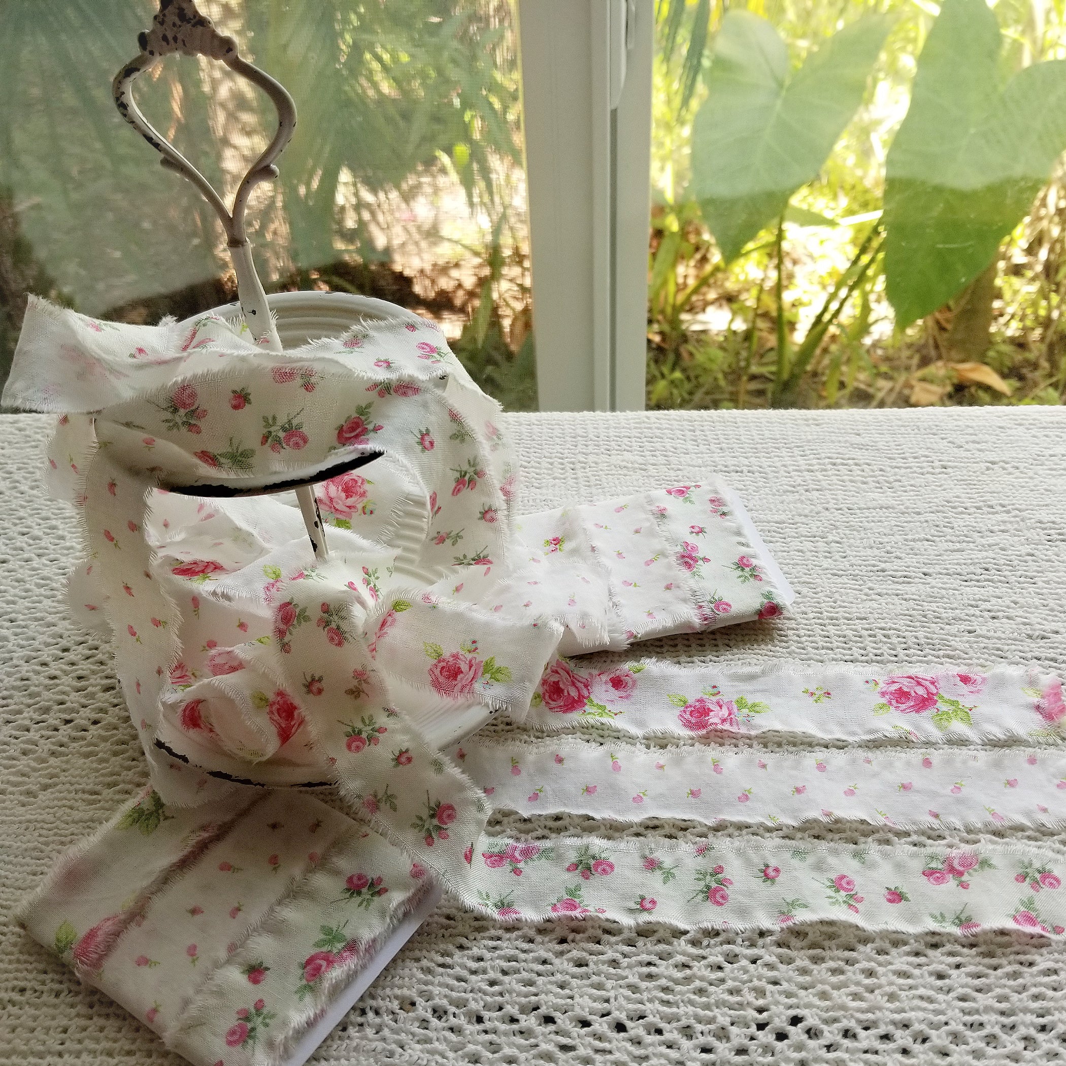 3 Yard Bundle - Shabby, Frayed Pink Roses Cotton Ribbon