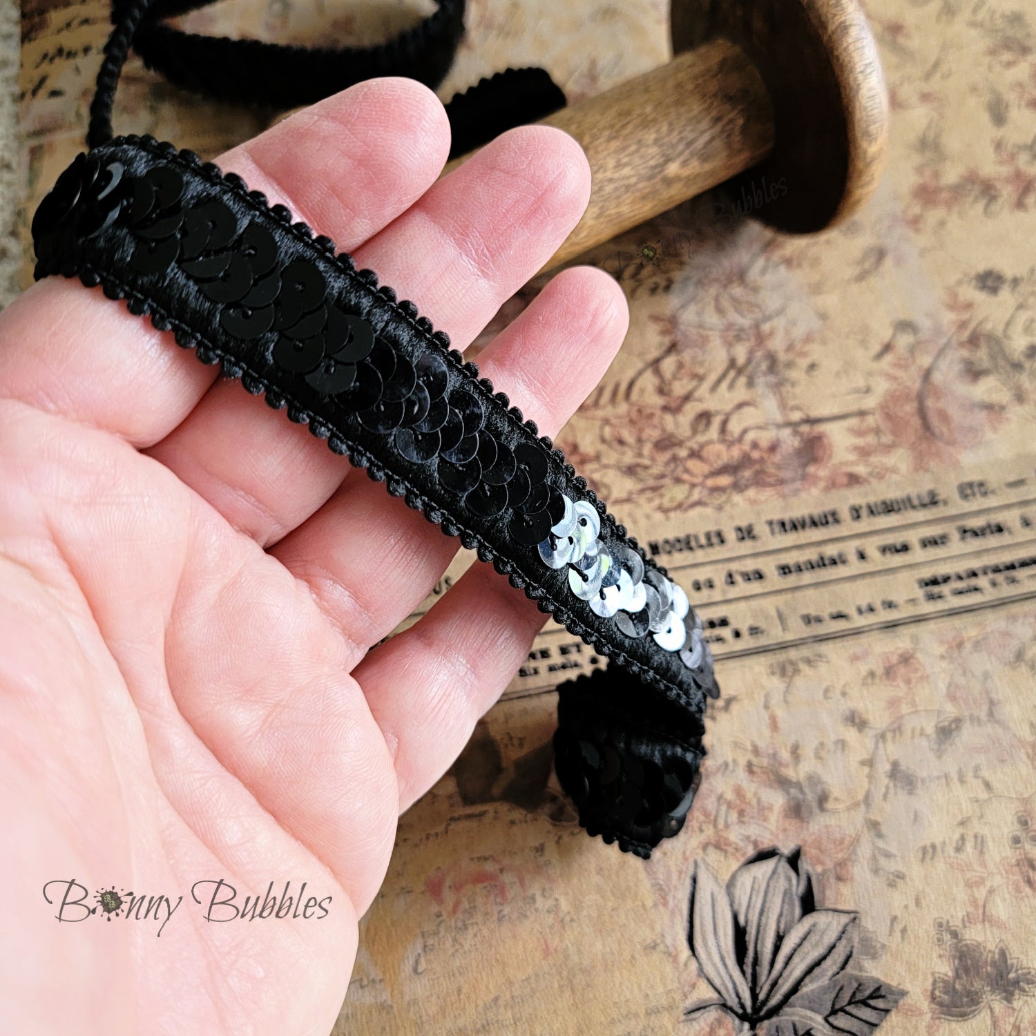 black sequin elastic trim